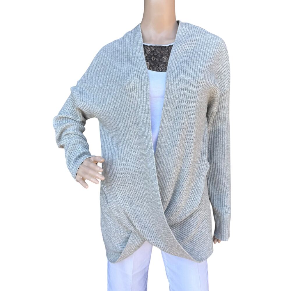 Zella Heather Gray Ribbed Crisscross Wrap Sweater Asymmetrical Hem Women Large L